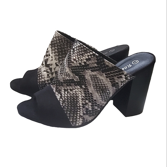 Reneeze Black, Gray and White Snake lookopen toe heels. Black Suede like trim. - Picture 7 of 7